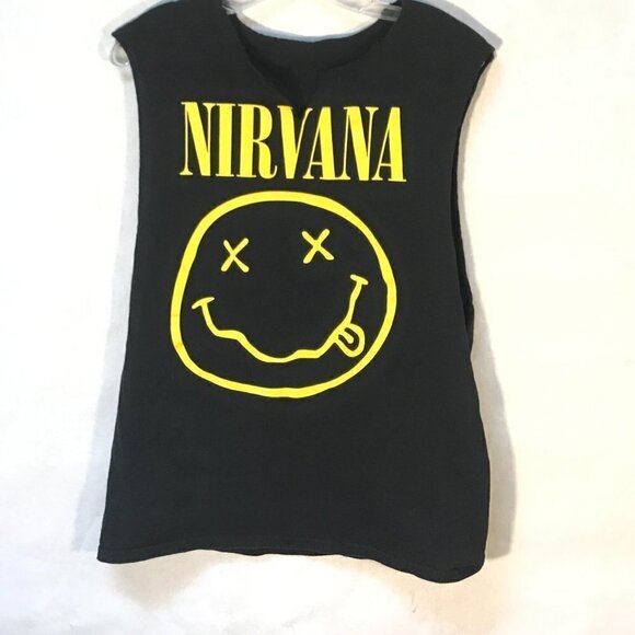 Vintage Rock Nirvana Smiley Face Punk Grunge Cropped Black Tank Top Tee T Shirt - Picture 2 of 5